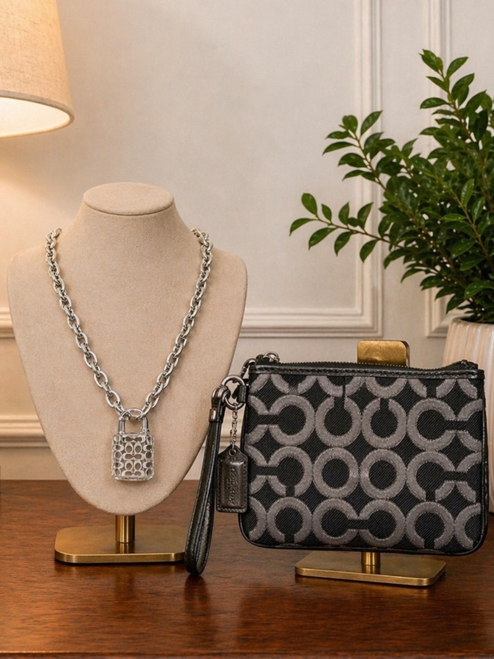 Coach Silver & Black Wristlet + Coach Clear Lock Charm Necklace Bundle NWT - Picture 2 of 3